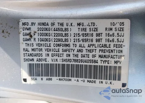 2006 Honda Cr-V Ex z USA, uszkodzony, nr VIN SHSRD78826U405584